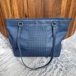 Elliot Lucca Designer Handbag Navy Blue Purse Tote Faux Leather, 10" Handle Drop